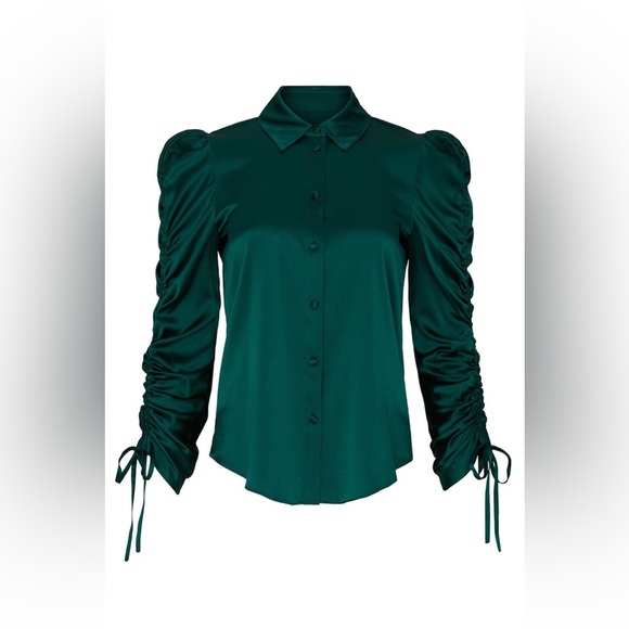 Veronica Beard Lilian Stretch Silk Button Up Ruched Blouse In Green - Picture 3 of 9